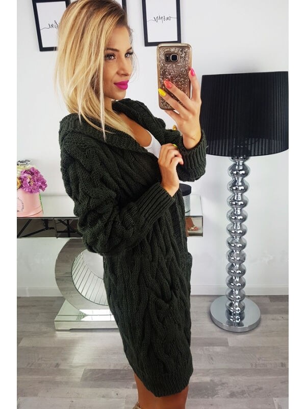 Otoño e Invierno nueva de las mujeres de la ropa de color puro de punto twist de manga larga con capucha suéter cardigan sin botón chaqueta: Black