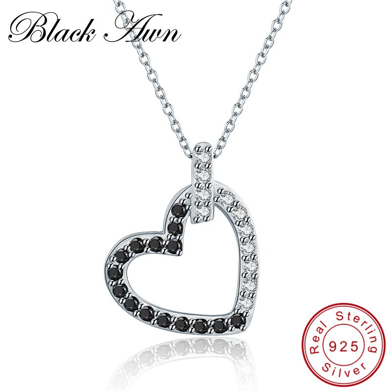 Heart Black & White Silver Eternity Band Fine Jewelry Trendy Engagement Necklaces for Women Cute Wedding Pendants P185