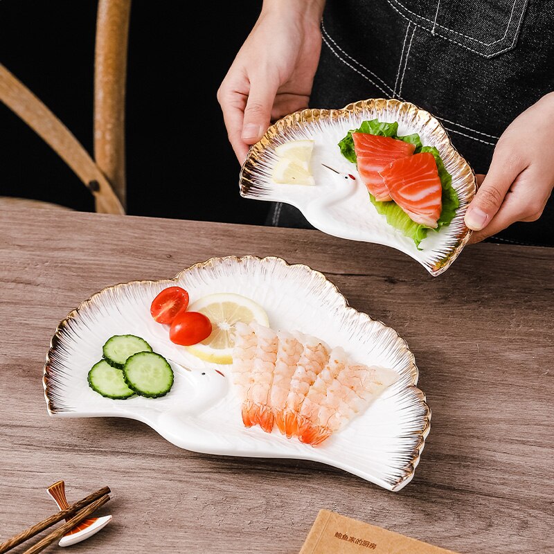 Ceramic Irregular Golden Crane Plate High-end Western Restaurant Steak Plate Sushi Sashimi Ceremony Tableware Kitchen Tableware