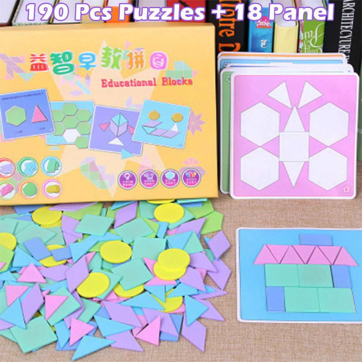 190 stuks puzzels  +18 panelen houten geometrisch bord puzzel tangram legpuzzel bord speelgoed baby vroeg educatief leerspeelgoed voor kinderen: Patroon 2