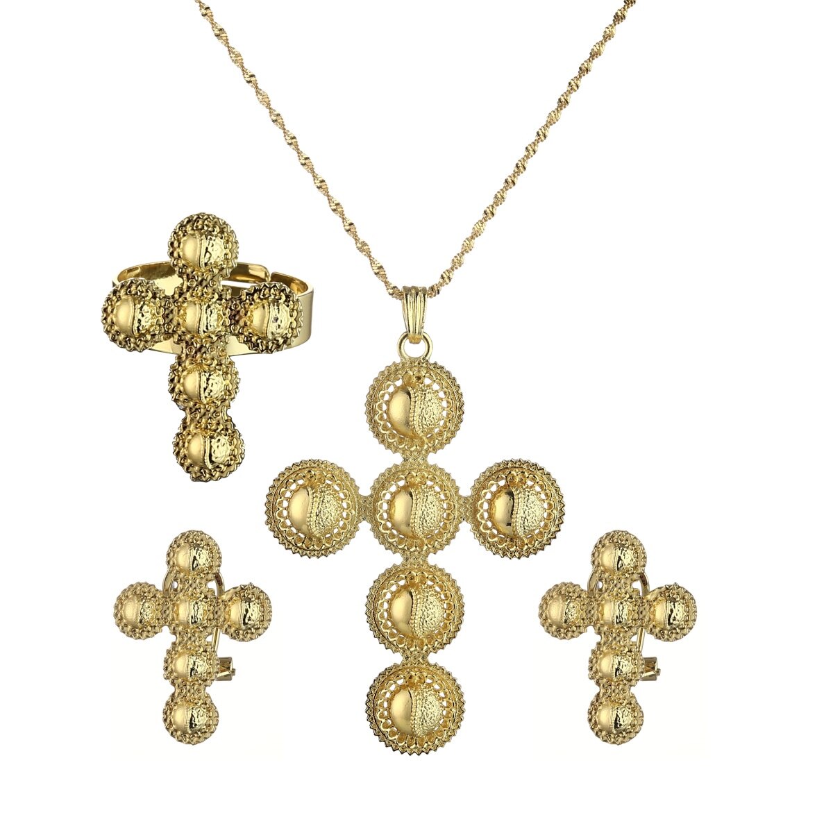 Ethiopische Traditionele Ketting Oorbellen Ethiopië Gold Eritrea Habesha Wedding Cross Sieraden Set
