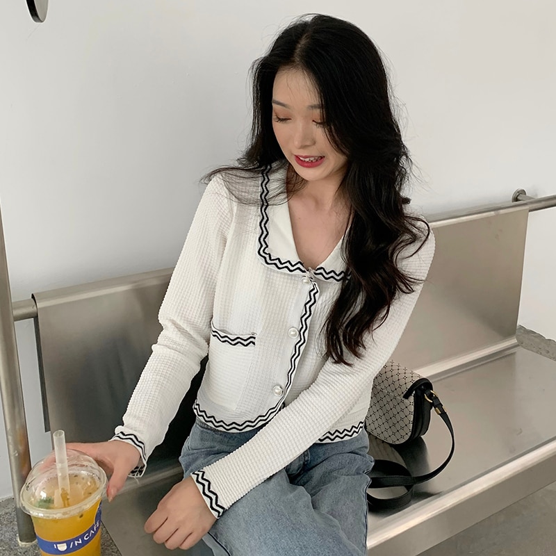 Dames gebreide truien met lange mouwen en omslagkraag, vesten, damesgebreide truien met zakken, chique crop tops voor dames