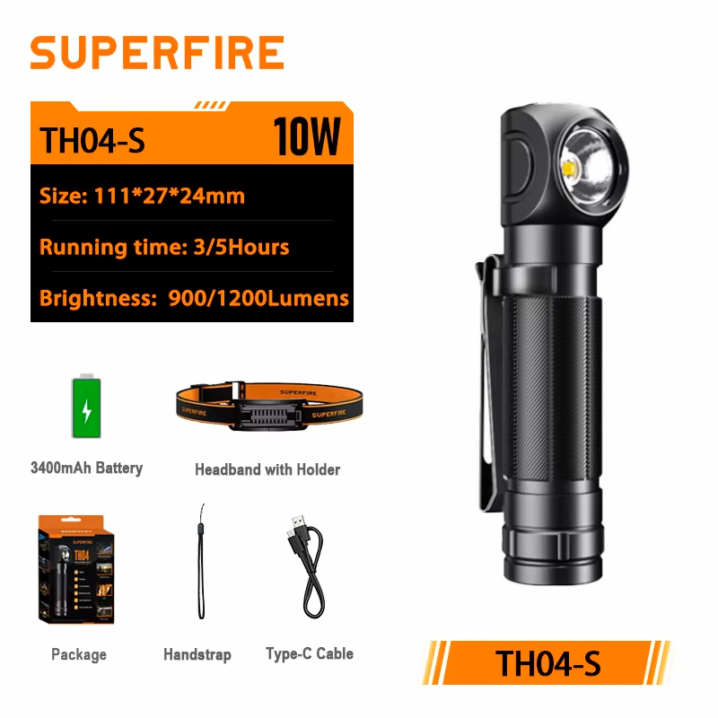 SUPERFIRE TH04-S Stirnlampe 1200 lm, superhell, USB-C, wiederaufladbar, 90 ° Verstellbare Kopf-Taschenlampe, LED-Scheinwerfer mit magnetischem Schwanz: Weiß