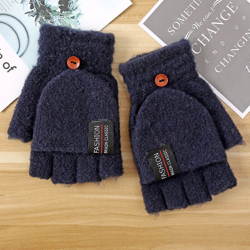 Guantes de invierno de lana acrílica para hombre, manoplas masculinas de felpa gruesas, de punto Jacquard, cálidos, con solapa de medio dedo, para escribir con pantalla táctil, J8: Cyan