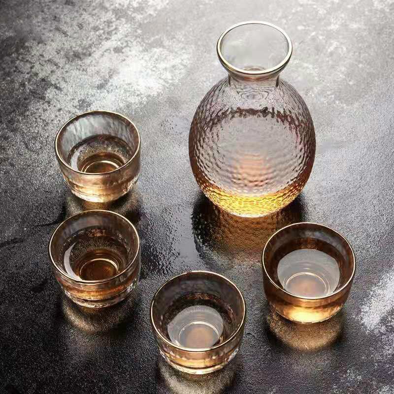 Japanese Style Glass Sake Bottle Wine Glass Set Transparent Hammer Pattern White Wine Glass Small Sake Cup Shochu Bottle