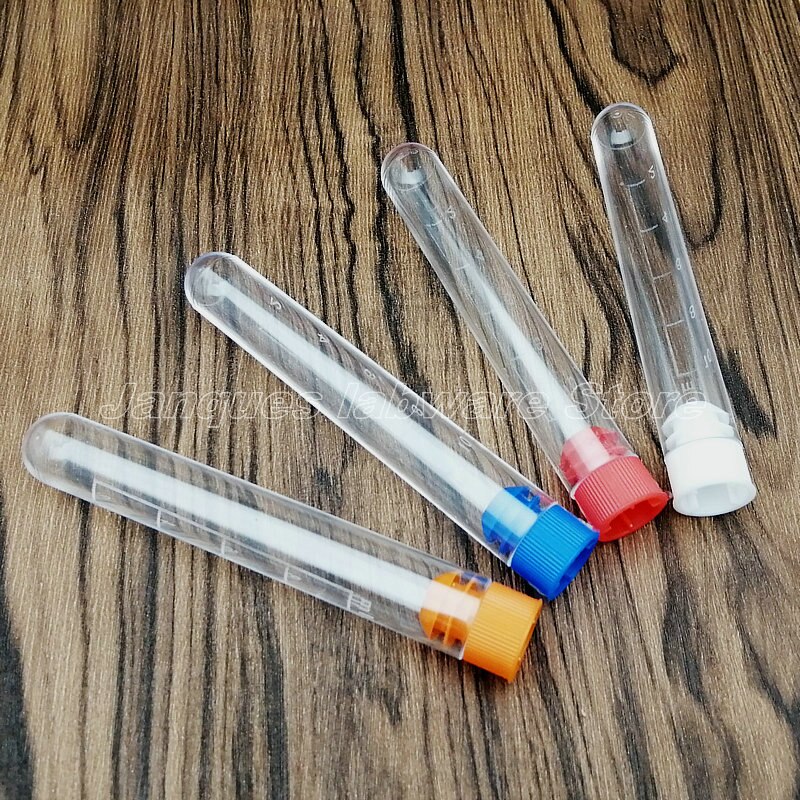 50pcs 16x100mm Clear Plastic Test Tubes,Party Candy Bottle with Round Bottom Wedding Vial With Color Caps and Scale