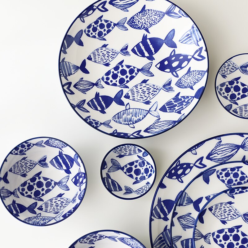 Serie con marino azul, vajilla con bajo vidriado de peces de la Marina, plato occidental, juego de cuencos de arroz de cerámica