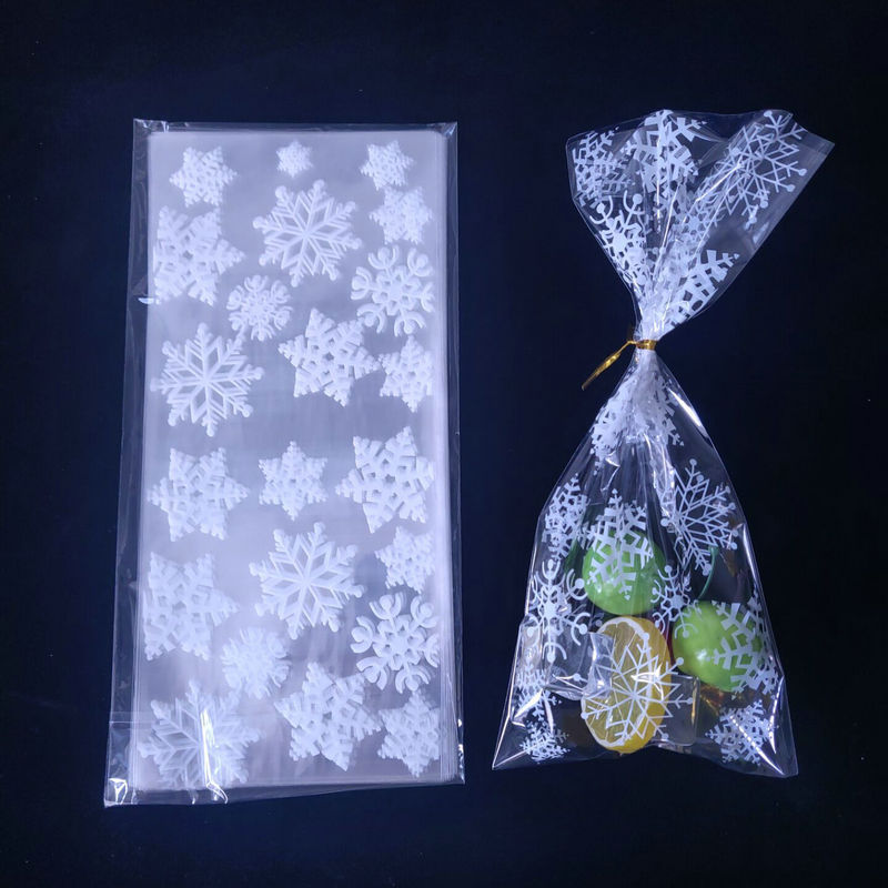 100 Stuks Sneeuwvlokken Patroon Cookie Snoep Zakken Open Top Verpakking Plastic Zakken Kerst Cellofaan Party Favor Bag Kerst Leveranties