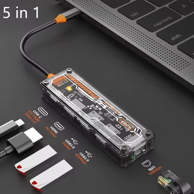 Basix USB C HUB 4K 30Hz Type C to HD-MI DP VGA Gigabit Ethernet USB 3.0 PD 100W Adapter For Macbook Air Pro M2 M1 PC Accessories: black