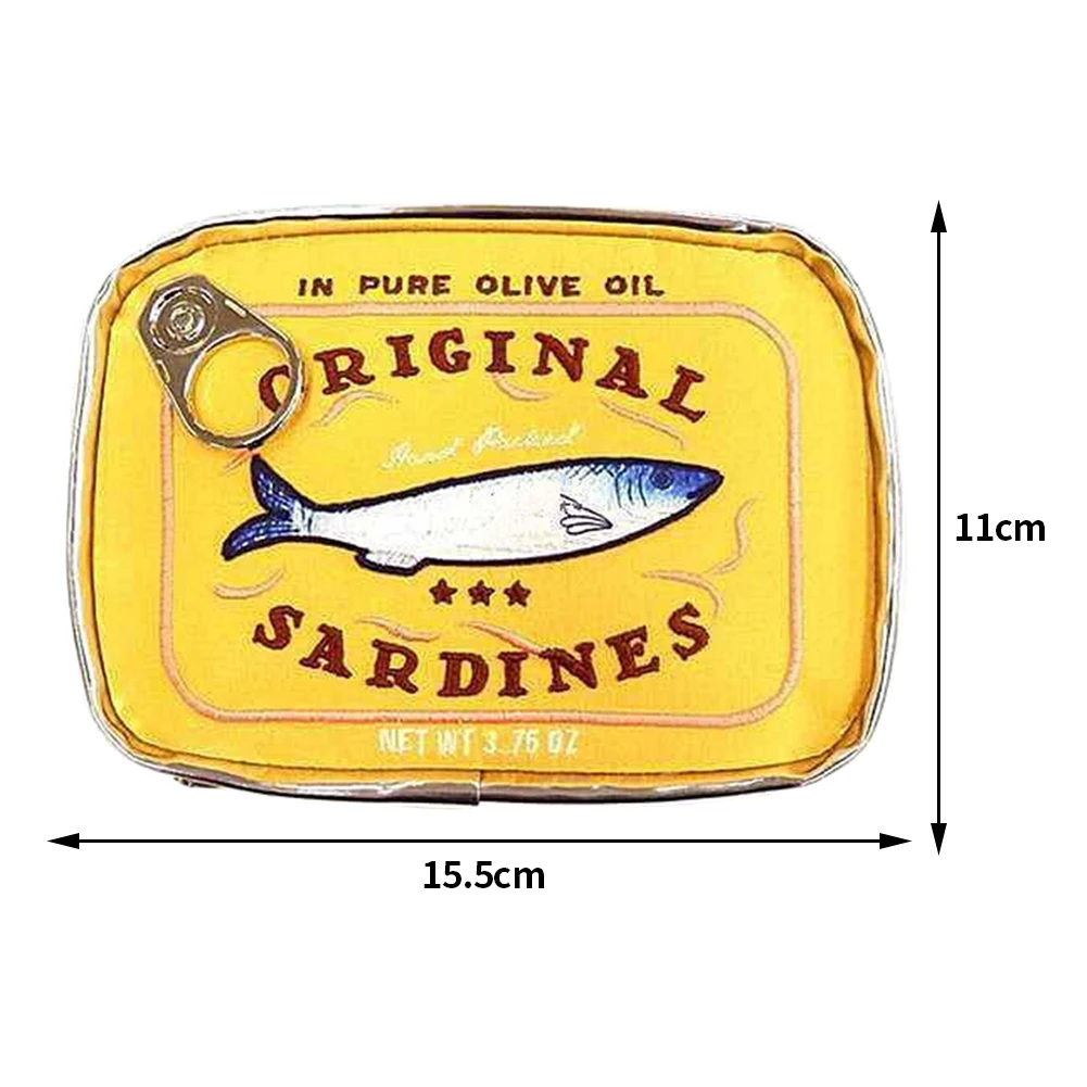 Bolsa de cosméticos bonita con forma de latas de sardinas, paquetes divertidos, bolsa de aseo portátil creativa, bolsas de maquillaje pequeñas y suaves con cremallera a la
