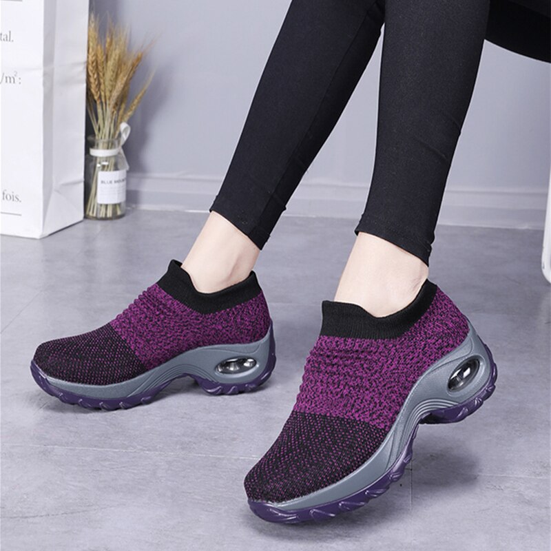 Women Sneakers Shoes Spring Flat Slip Sneakers For Women Breathable Mesh Sock Sports Running Shoes Platform Air Cushion Wedge