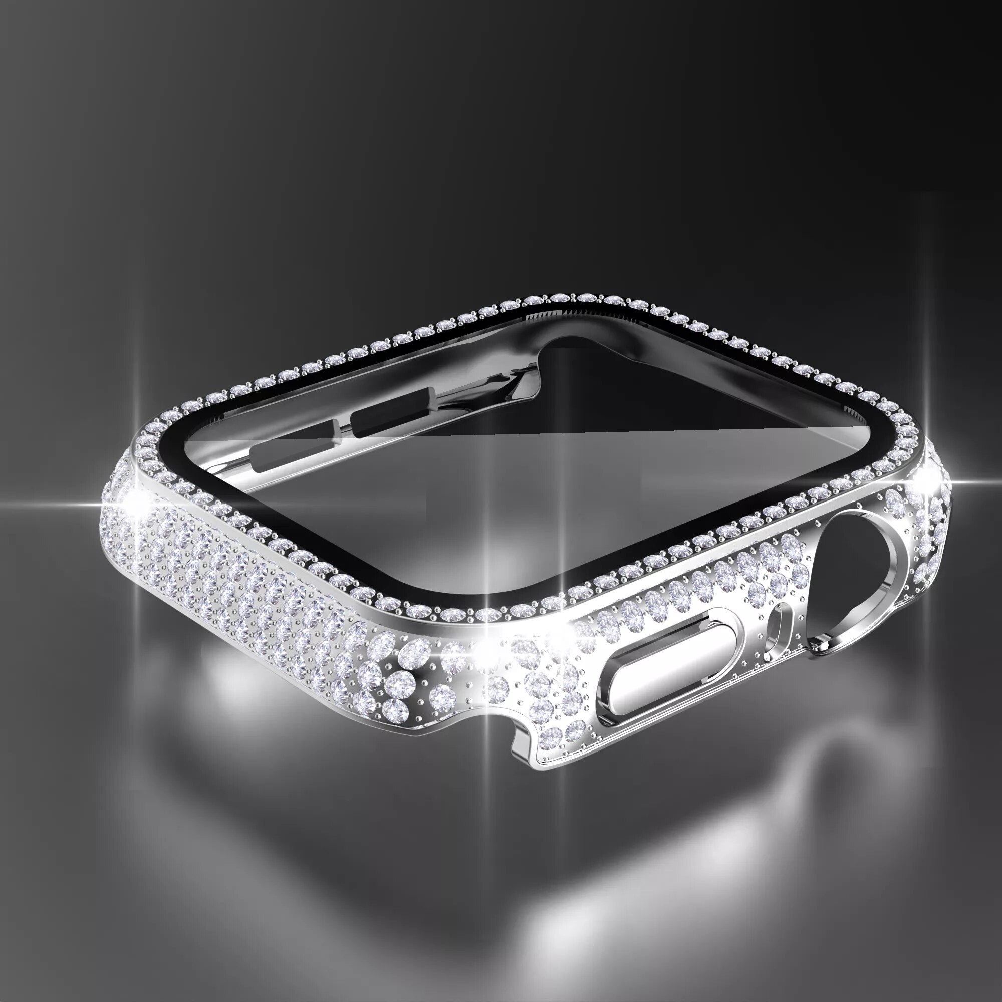 Diamonds Luxury Watch Case +Tempered Glass for Apple Watch Cases 44mm 40mm 42mm 38mm Full Bumper for iWatch Series 6 SE 5 4 3 2: silver / 42MM