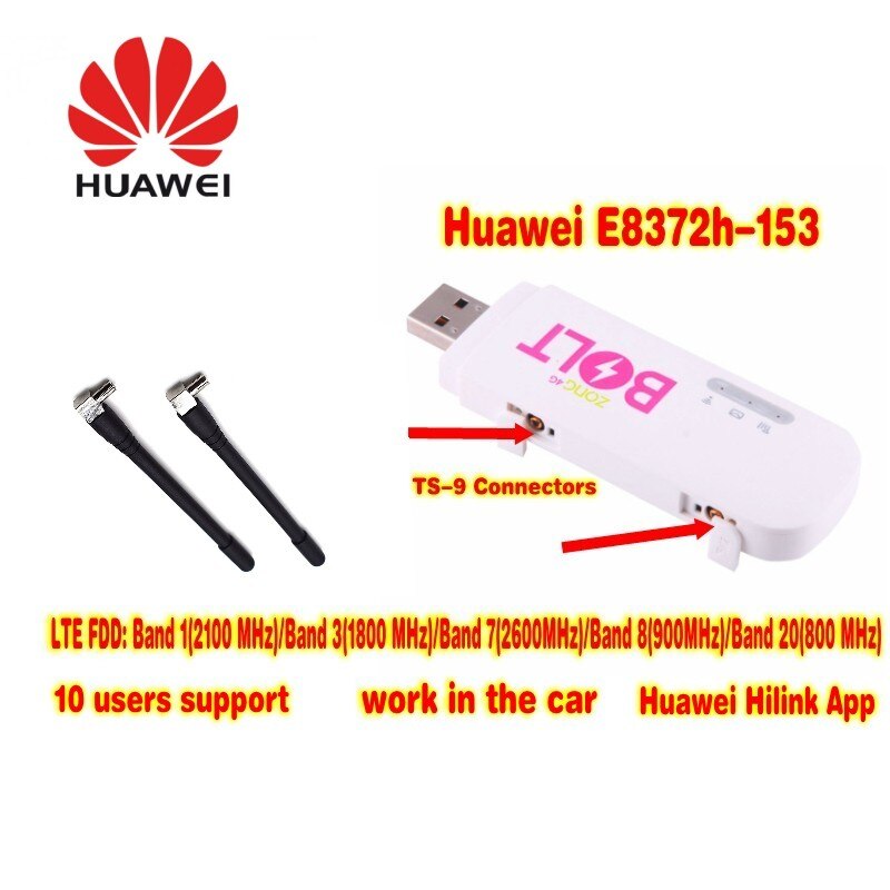 Unlocked Huawei E8372 E8372h-153 150Mbps 4G LTE Wifi Modem + 2pcs 4G Signal Antenna