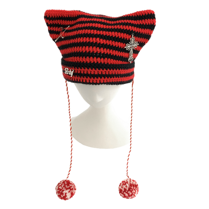 Harajuku Punk Gothic Knitted Cat Ear Hat Women Kawaii Cross PinWinter Beanie Hat Female Girls Accessories