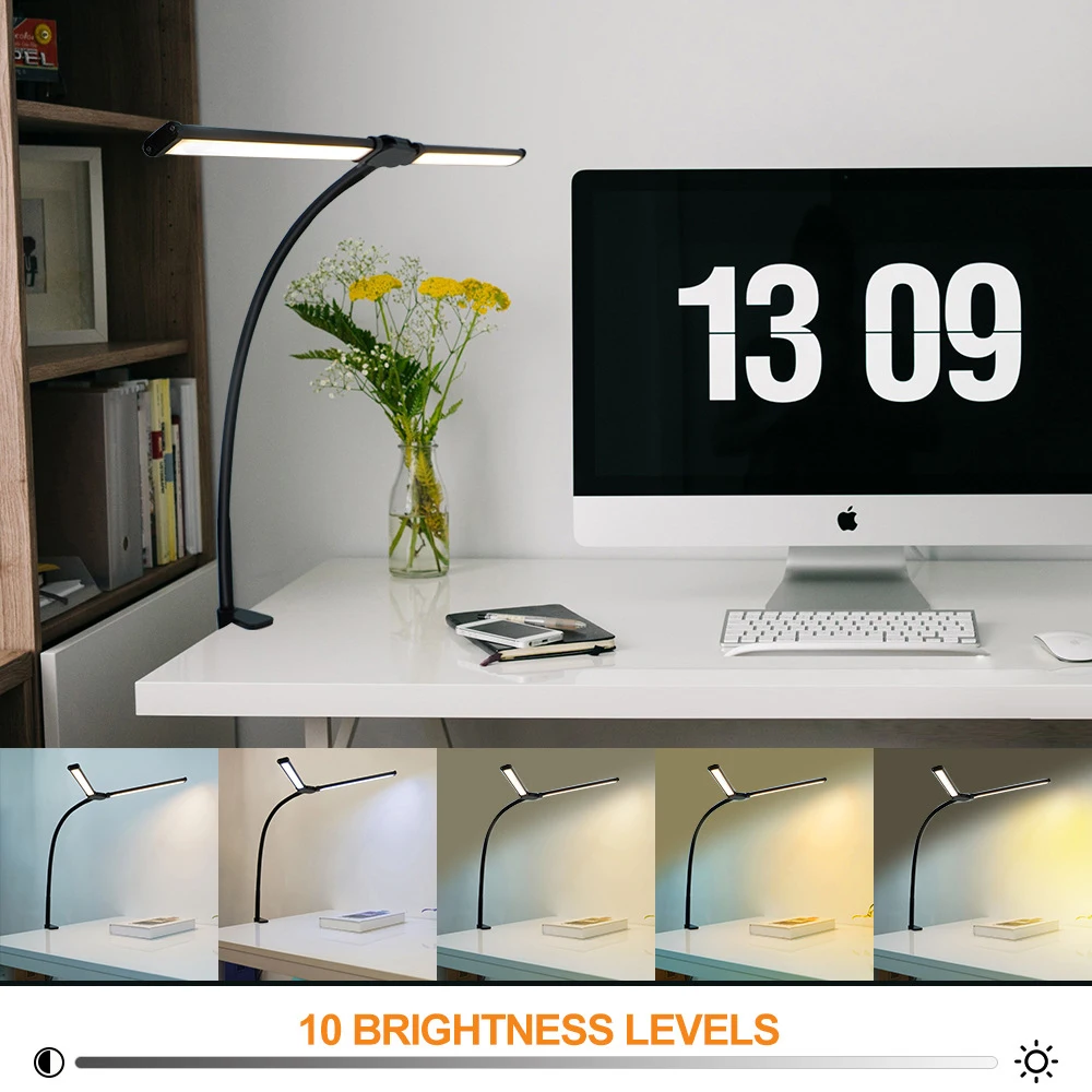 Led-bureaulamp met dubbele kop, traploos dimbaar, oogvriendelijk, leeslamp voor thuis, 3 kleurmodi, flexibel verstelbaar, pc-bureaulamp.