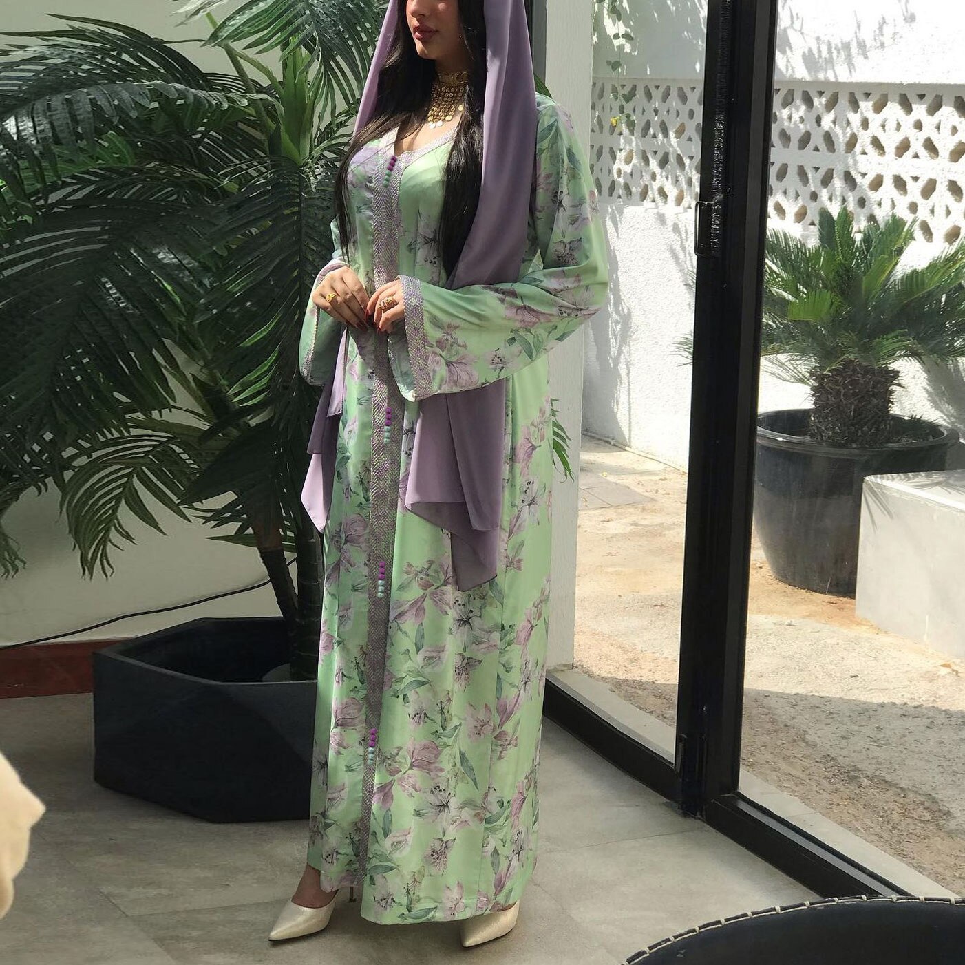 2022 Midden-oosten Gewaad Arabische Dubai Print Jurk Ramadan Moslim Voorjaar Vrouwen Dragen Islamitische Kleding Vrouwen Moslim Dubai