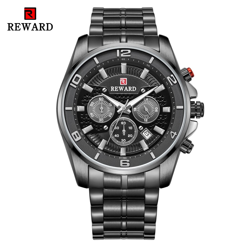 Reward sport chronograaf herenhorloges volledig stalen quartzhorloge grote wijzerplaat waterdicht horloge heren gouden polshorloges relogio masculino: Zwart