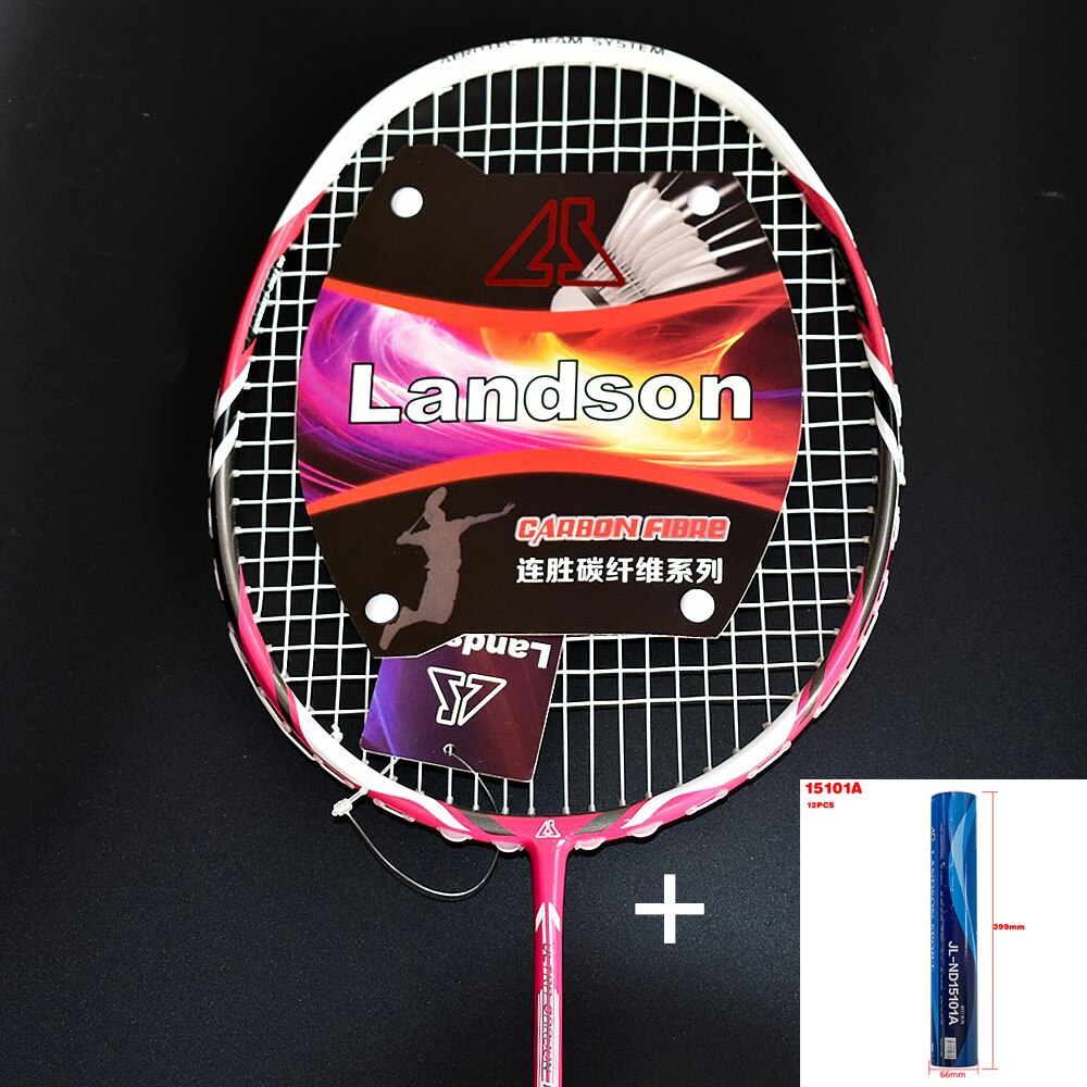 Landson uma raquete de badminton durável de fibra de carbono rosa com alta densidade composta sistema absorção de choque raquete de badminton: Racket and 12 balls