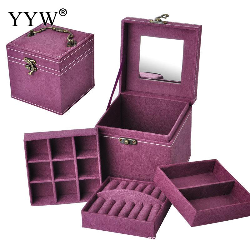 12x12x12cm Vintage Velvet Three-Tier Jewelry Box Multideck Storage Cases with Wood Mirror Wedding Birthday: 1