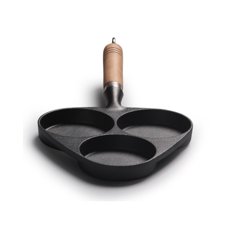 Uncoated Egg Dumpling Cast Iron Frying Pan Three-holes Frying Pan Wooden Handle Frying Pan