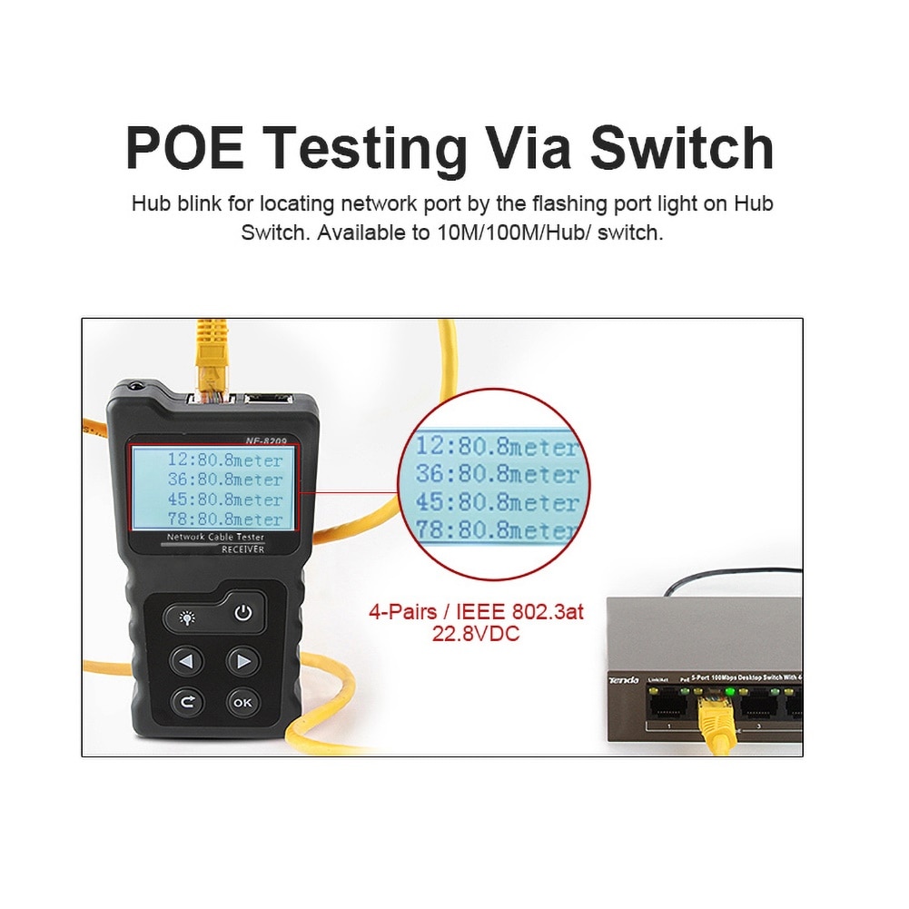 NF-8209 LCD Display Measure Length Lan Cable POE Wire Checker Cat5 Cat6 Lan Test Network Tool Scan Cable Wiremap Tester