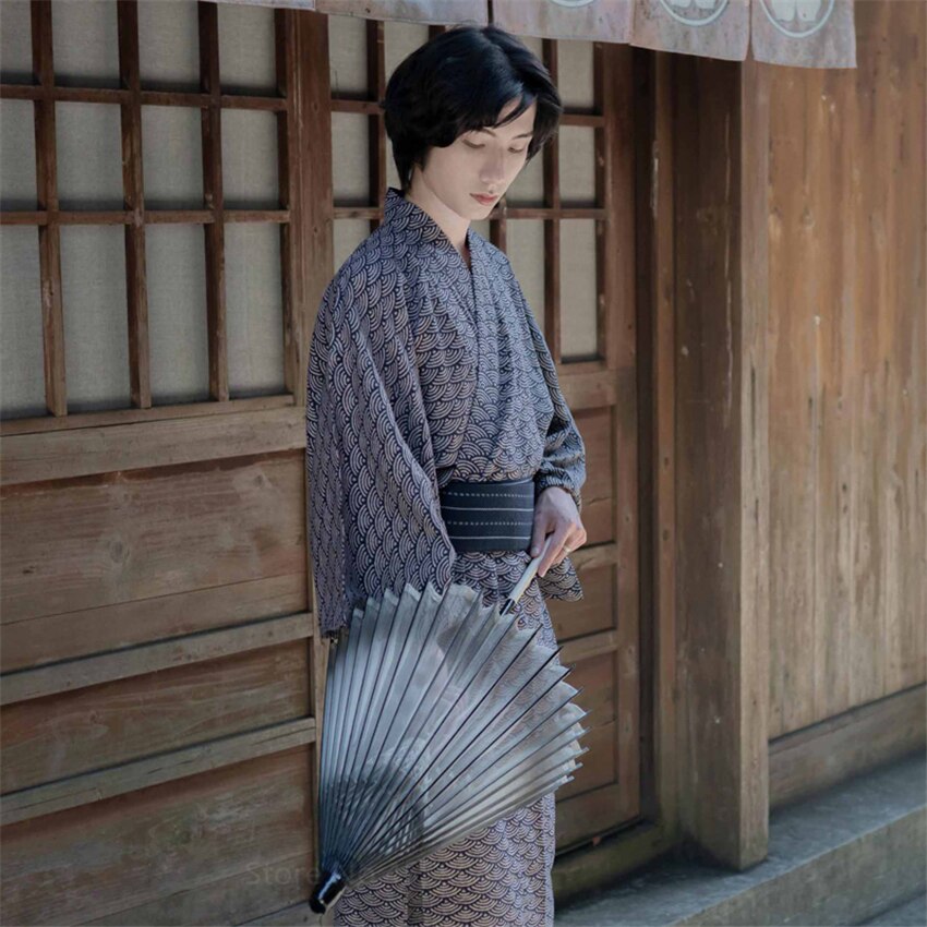 Kimono de estilo japonés para Hombre Ropa de estar por casa con estampado de lingote, larga ropa de dormir, pijamas Haori, cárdigan Vintage informal, albornoz