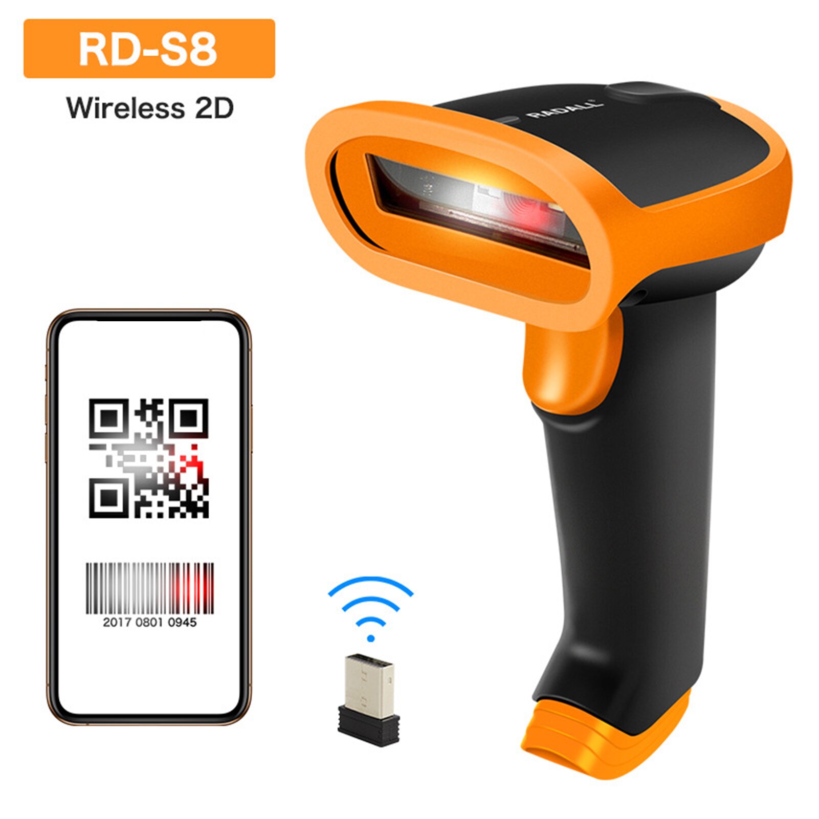 1D 2D Supermarkt Psp Barcode Bar Code Scanner Reader Qr 2.4G Wireless &amp; Wired Usb Barcode Scanner Voor Bibliotheek magazijn: RD-S8 Wireless 2D