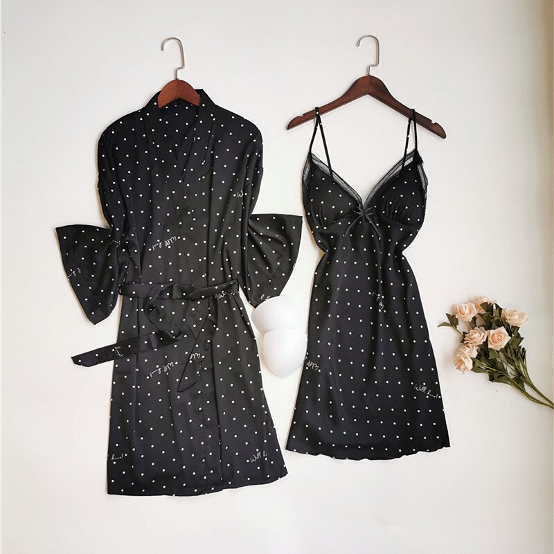 Mechcitiz undertøj damekåbe og kjolesæt luksus kvindelig sexet natkjole badekåber pyjamas lingeri hjemmetøj badekåbe: Sort / M