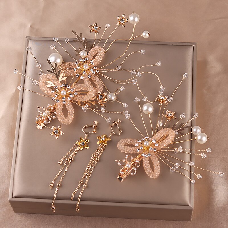 Bridal Hairpins Clips Earring Sets for Photo Shooting Gold Color Rhinestone Pearls Headpieces Headbands Bride Wedding Jewelry