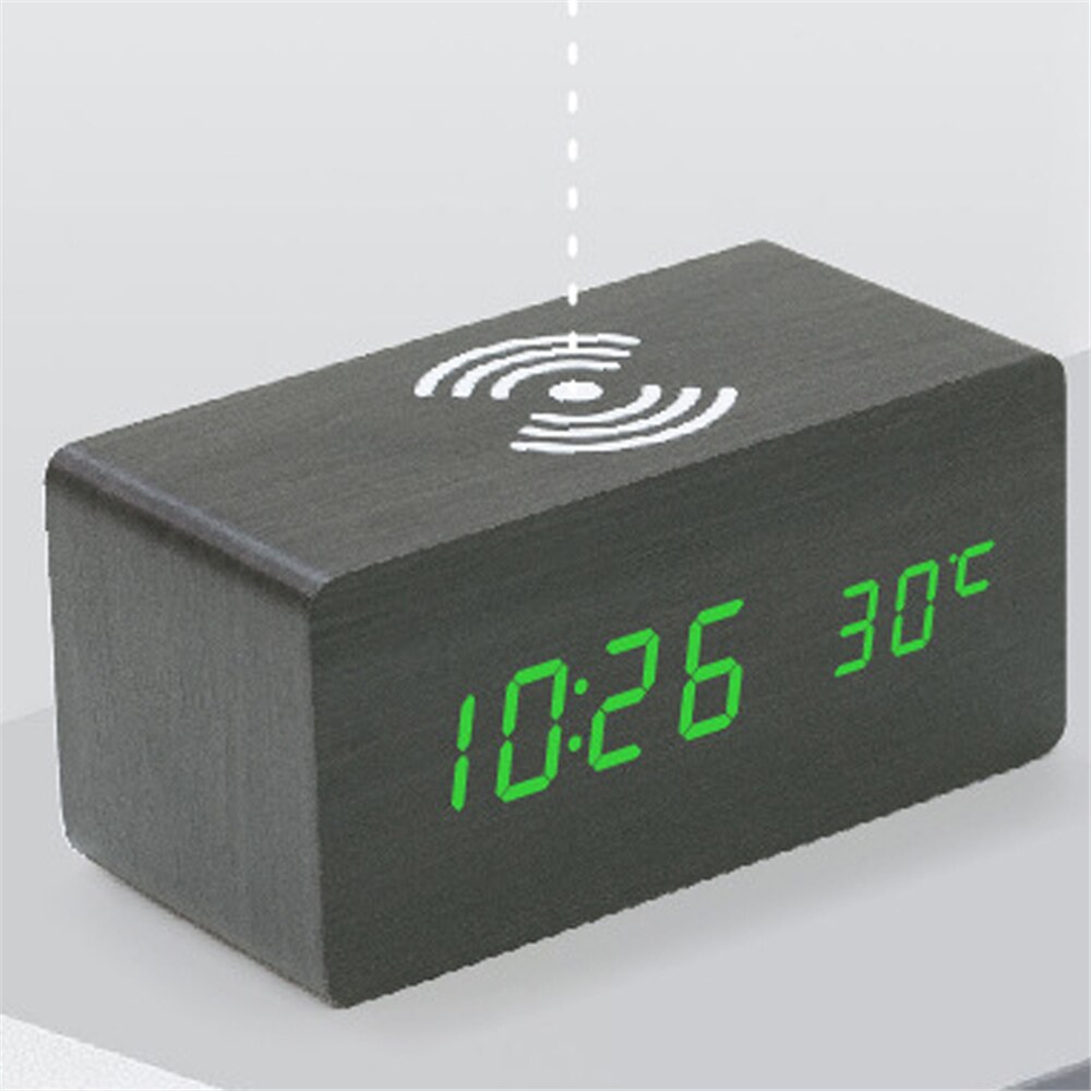 Holz Digital LED Wecker Mit QI Drahtlose Ladegerät Tisch Uhr Temperatur Luminova Kalender Schwarz Schreibtisch Uhren: Schwarz Grün