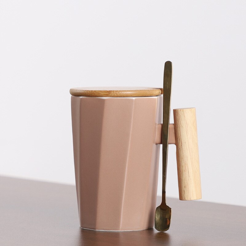 380ml Wood Handle Ceramic Coffee Mug Polygonal Office Home Milk Tea Cup For: Pink Set