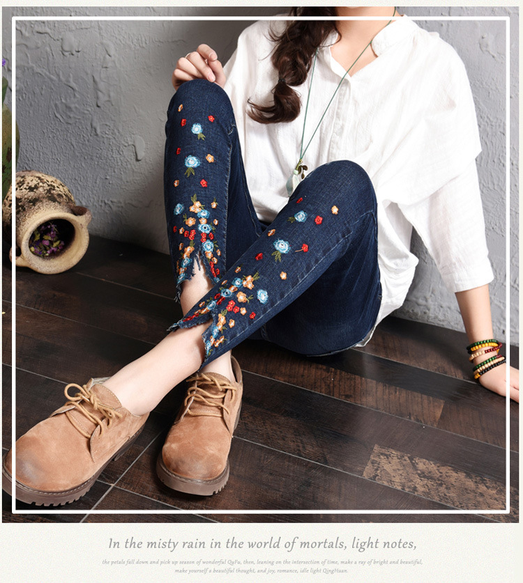 Cholyl Stretch Geborduurde Jeans Voor Vrouwen Elastische Bloem Jeans Vrouwelijke Potlood Denim Broek Kleine Bloem Patroon Pantalon Femme