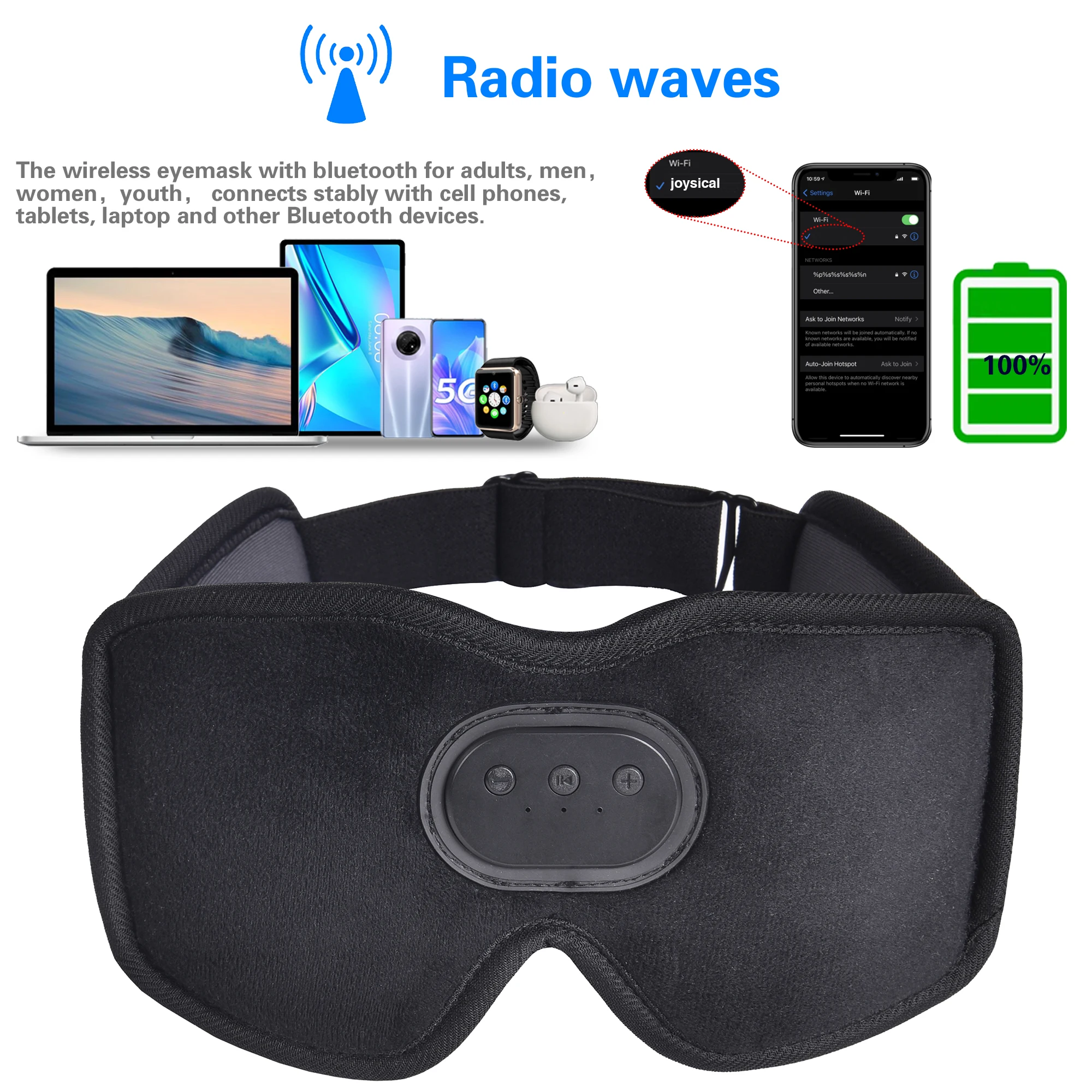 Auriculares para dormir con Bluetooth, máscara para ojos opaca, copa contorneada 3D, venda para música con altavoz para viajes, meditación, cambio nocturno