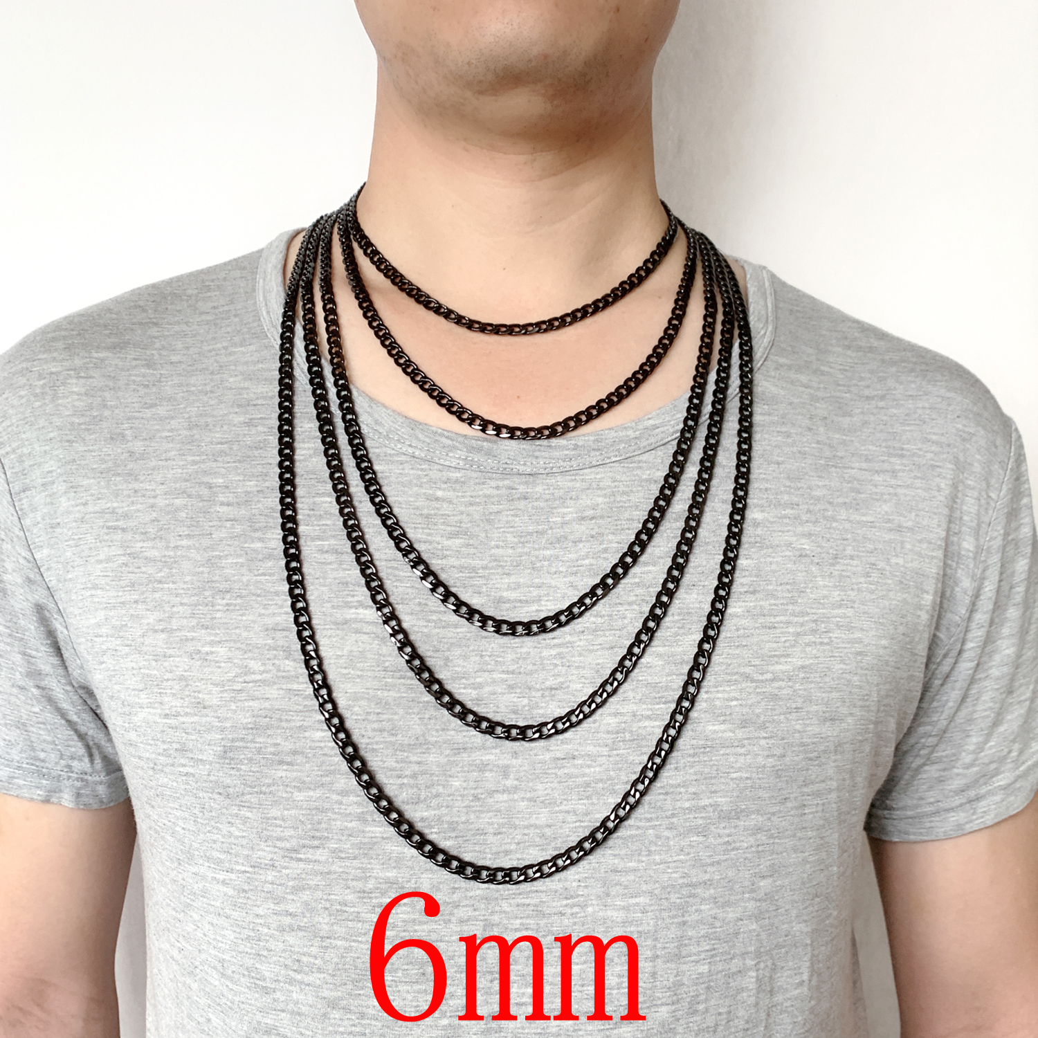 6Mm Rvs Ketting Voor Mannen/Vrouwen Lange Curb Cubaanse Ketting 18 "-36" Gun Black mode Jewerly Mannelijke Byzantijnse Jongen