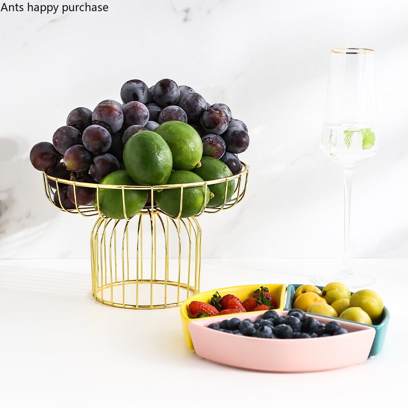 Prato de frutas de cerâmica com pés altos, cesta de frutas de ferro com três grades, prato de doces para casa, bandeja de lanche, decoração, utensílios de mesa