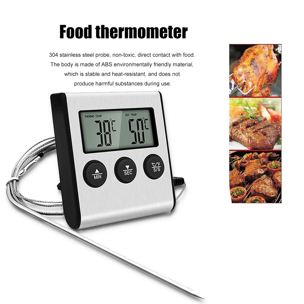 Digital Food Thermometer Kitchen With Long Probe Cook Baking Temperature Measuring Tester Barbecue Oven Grill Alarm Timer Tool