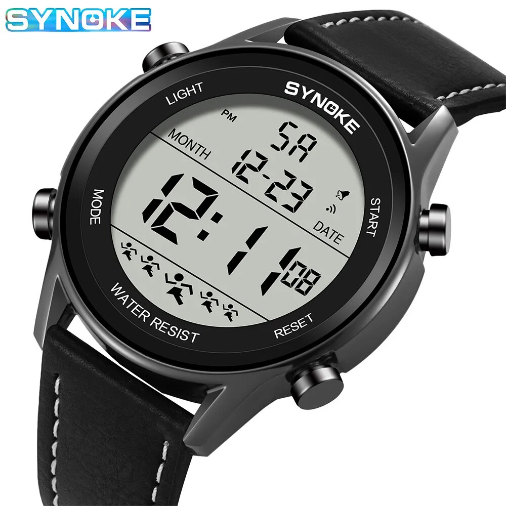 Synoke Mannen Buitensporten Multifunctionele Waterdichte Groot Scherm Display Lichtgevende Digitale Led Voor Mannen Mode Riem Horloge: Black