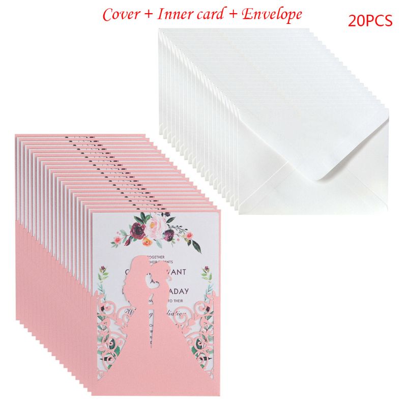 20pcs/set Bride Groom Wedding Invitations Greeting Card Invite Envelopes Party QX2E: Pink
