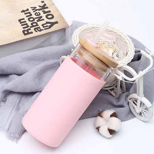 550ml bambu lock glas vatten te tumblers glasflaska med silikon hylsa te kaffe dricksflaska med sugrör: Rosa