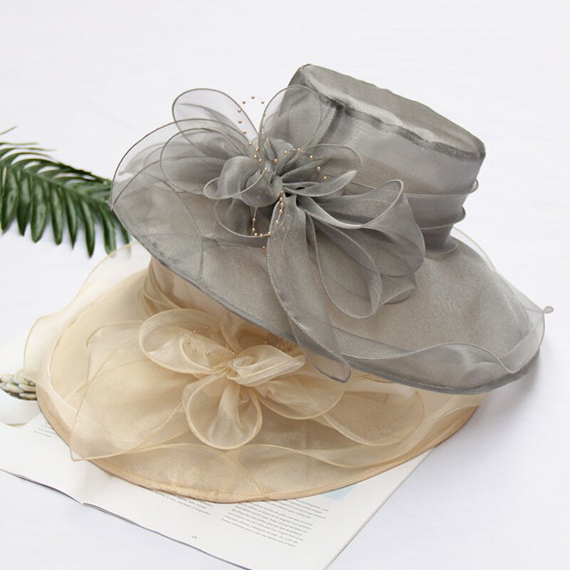 FS -sombreros de Iglesia transpirables para mujer, sombrero de ala ancha de Organza, gris, púrpura, para de té, con flor de malla