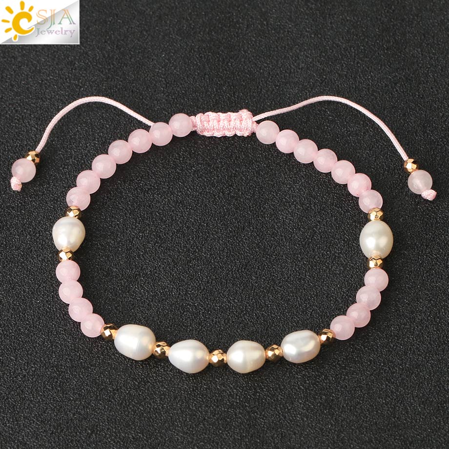 Csja Strand Armband 4 Mm Natuursteen Witte Parel Kristal Kralen Verstelbare Gevlochten Armbanden Voor Vrouwen Mannen Healing Sieraden G482: Rose Quartz