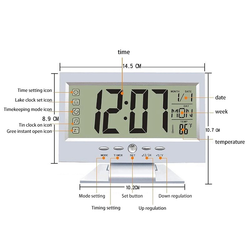 LCD Digital Time Alarm Clock Multifunction Snooze Calendar Temperature Night Display Sound Activated Table Clock