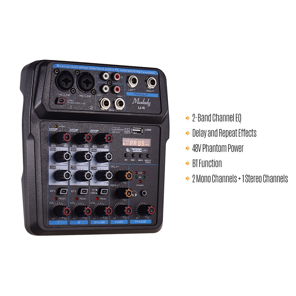 Muslady U4 Portable 4 Channels Audio Mixer BT USB Mixing Console with Sound Card Built-in 48V Phantom Power EU/US Plug
