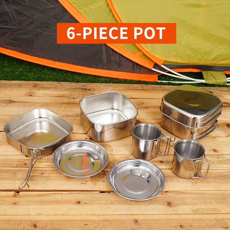 Stalinless Stahl Cookset draussen Camping Kochgeschirr Chaos Bausatz Leichte Topf Pfanne 2 Tassen Platte Für Wandern Wandern Picknick BBQ