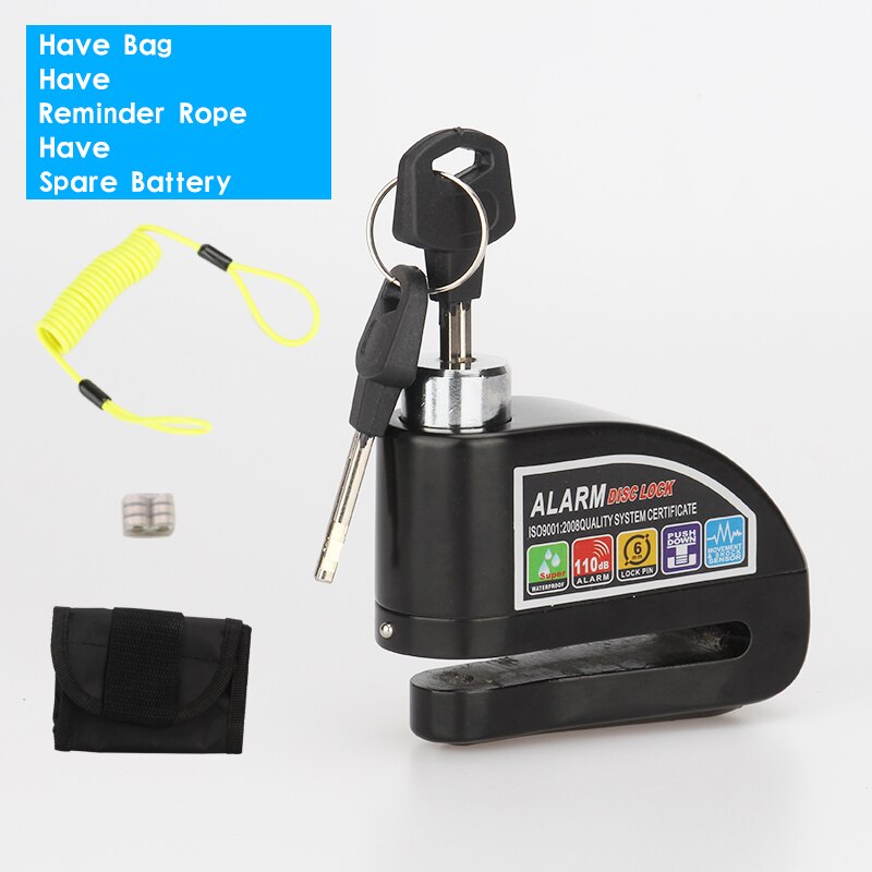 Motorcycle Scooter Metal Security Anti-theft Wheel Disc Brake Lock Alarm 2m Reminder Rope Alarm Lock BikeBrake Bag Spare Battery: Black Package C