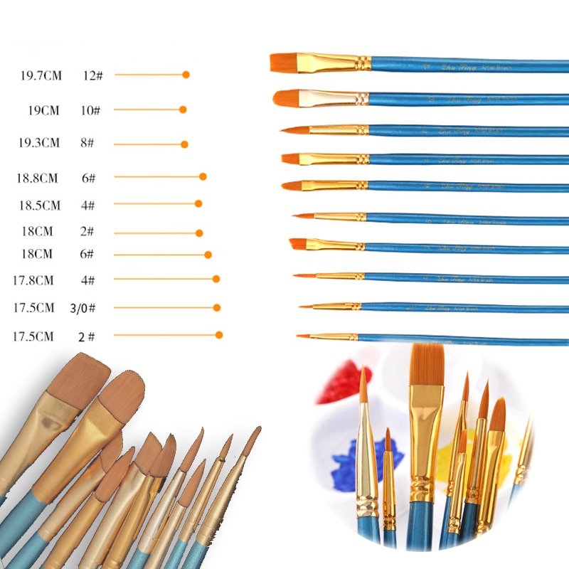 10Pcs 17.5 Cm ~ 19.1 Cm Nylon Tekening Kwast Set Voor Kinderen Kids Haar Olieverf Voor aquarel Acryl Art Leveranties