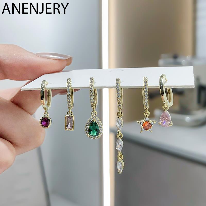 Anenjery Zilveren Kleur Koper Gekleurde Zirkoon Water Ster Kwastje Oorbellen Voor Vrouwen Shiny 6 Stuk Oorbel Set Sieraden