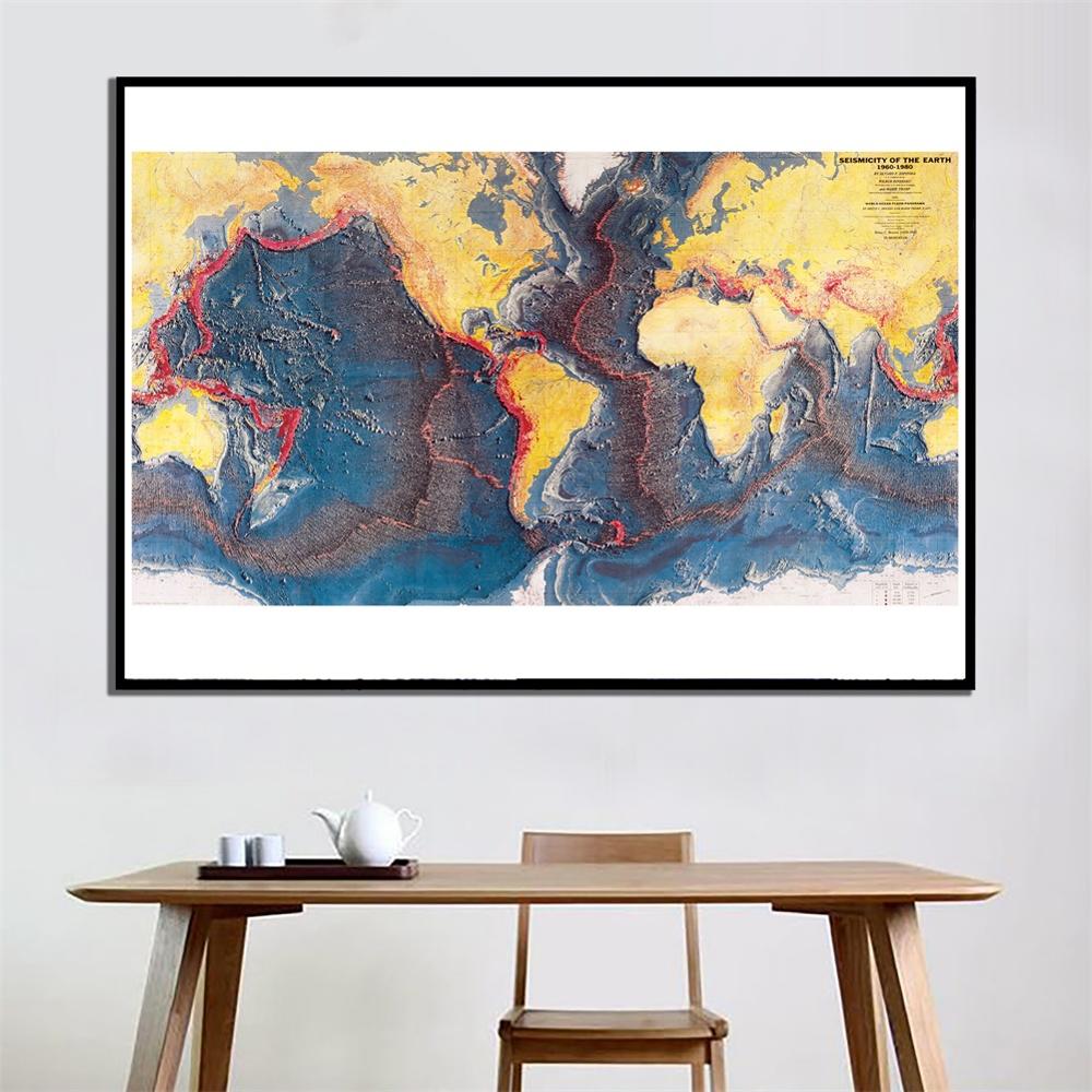 24X48 Inch 1960-1980 Seismicity Van De Aarde Home Office Muur Decor Canvas Schilderij Woonkamer Decor kaart