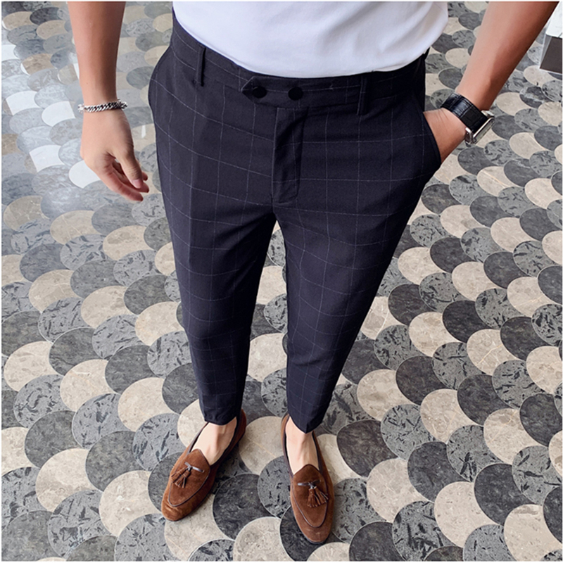 Pantalon Costume Spring Summer Plaid Casual Dress Ankle Pants Men's Social Trousers British Style Ankle-length Mens Dress Pants
