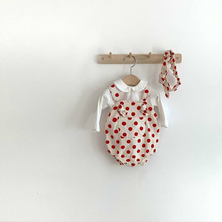 Lente baby bodysuit en zomer jongens meisjes boyle point schattige baby eenvoudige stippen creeper jumpsuit met bandjes broek